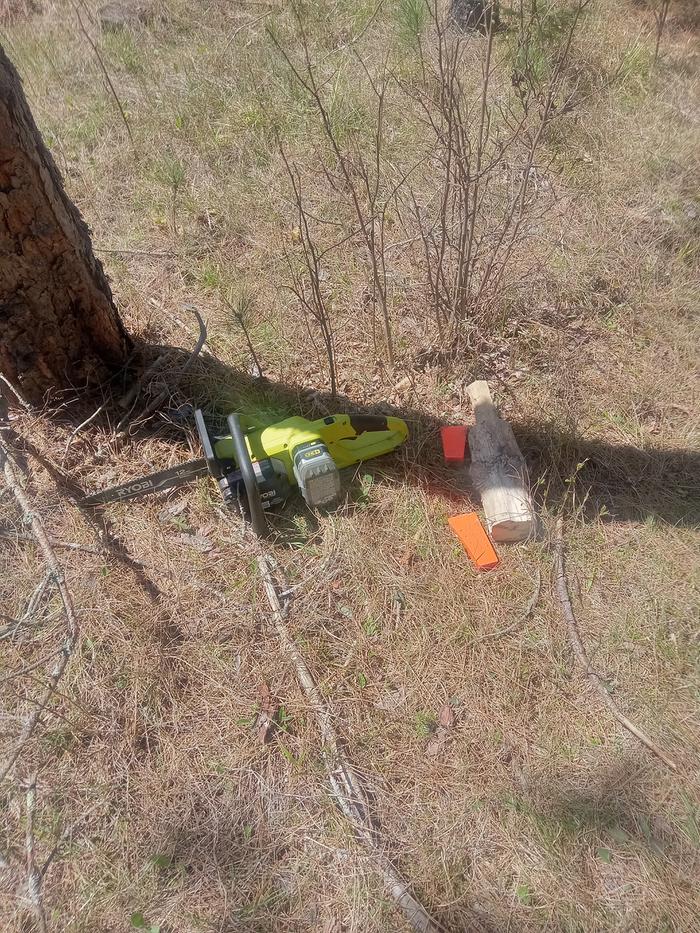 Tools used; electric chainsaw, wedges, and wooden mallet