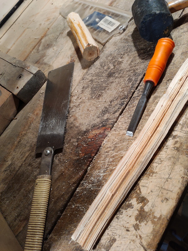 Tools to peel, cut, and split the stick: hand saw, chisel, rubber mallet