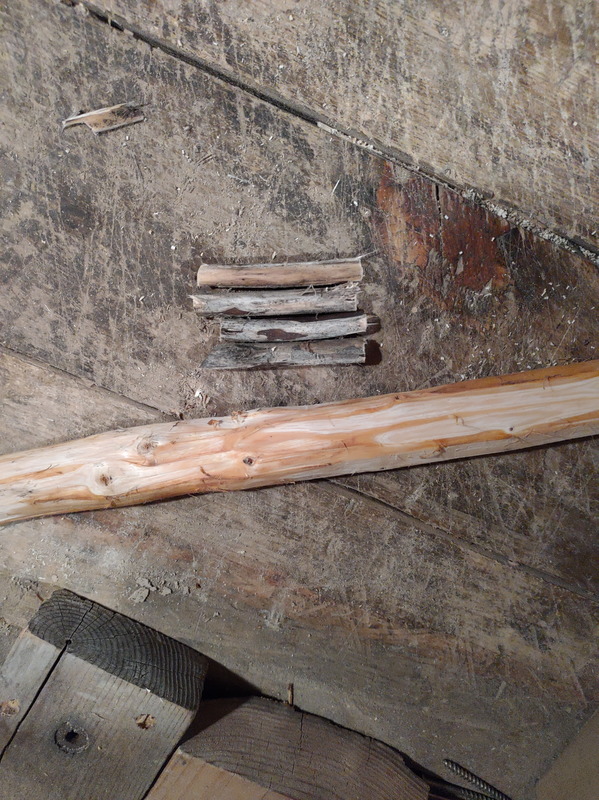 Peeled stick and dry pegs (smaller sticks). Pegs were "cut" with chisel.